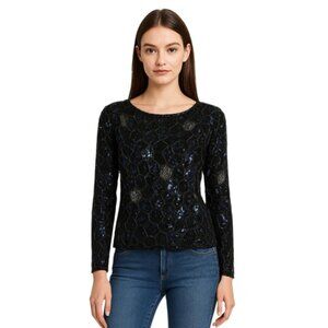 Swee lo Vintage Black Silk Sequin Beaded Long Sleeve Blouse